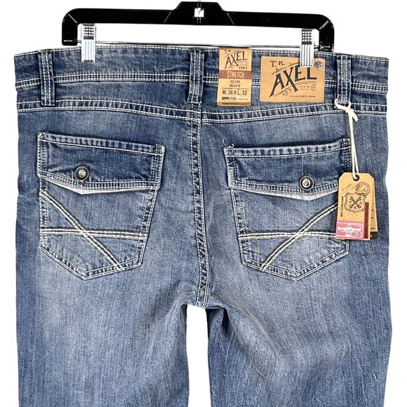 TK Axel NWT Men 36x32 Slim Boot Stretch Jeans Denim Back Flap Deco 5 Pockets - Picture 1 of 13